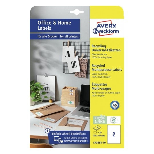 Avery Etiketten, 210 mm × 148 mm, naturweiss, Altpapier, permanent, 10 Blätter (20 Etiketten)