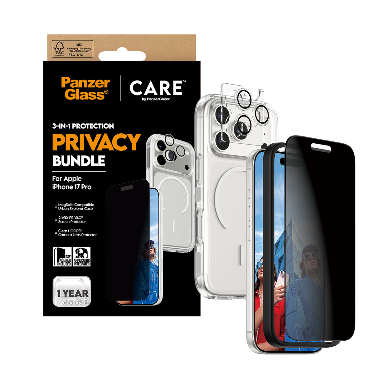 PanzerGlass Schutz-Set 3-in-1 – für Apple iPhone 17 Pro, kratzresistent, anti-fingerprint, Hartglas