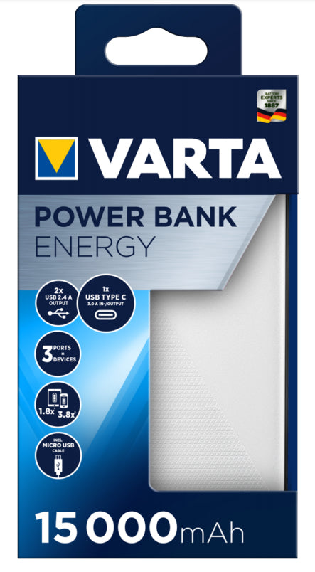 VARTA Energy Powerbank 15'000 mAh – 20 W PD, 2× USB-C, 1× USB-A, weiss