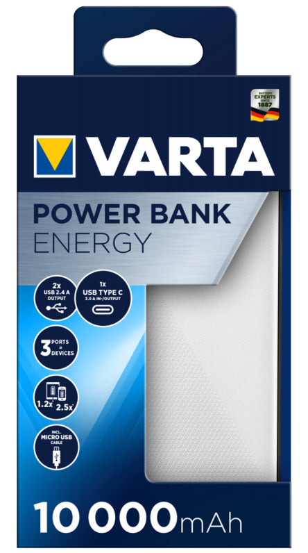 VARTA – Powerbank 10000 mAh, PD 20 W, 2× USB-C, 1× USB-A, Durchgangsladung, für Smartphones, Weiss