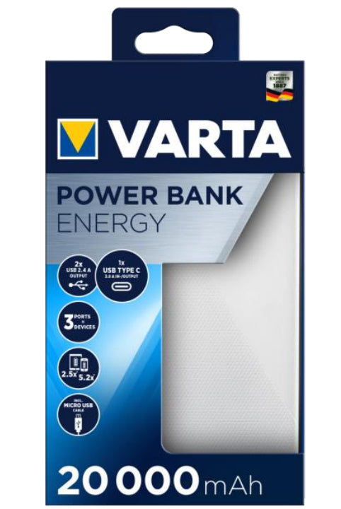 Varta Powerbank 20000 mAh, PD 20 W, 2× USB-C, 1× USB-A, mit Durchgangsladung, für Smartphones, weiss