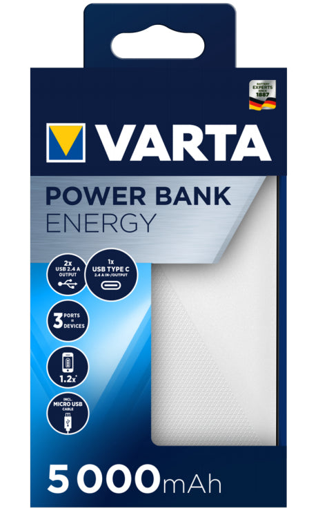 Varta Energy 5000 Powerbank 5'000 mAh – 12 W PD, 1× USB-C, 2× USB-A, weiss