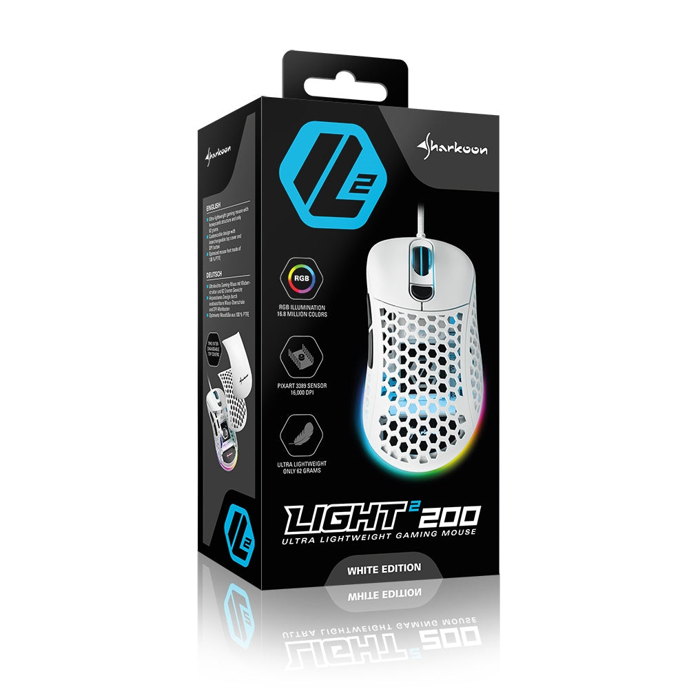 Sharkoon Light 200 – Gaming-Maus – Kabelgebunden (USB‑A), 16000 DPI, Beidhändig, Weiss