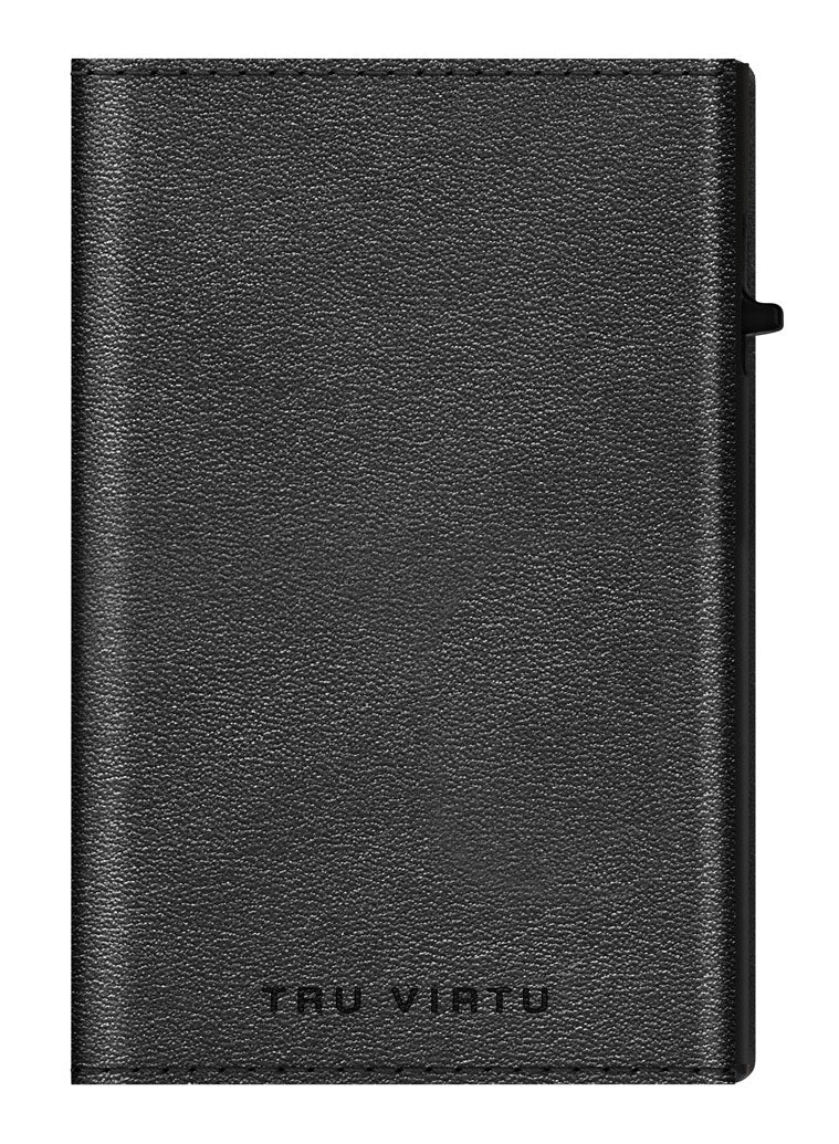 TRU VIRTU Kartenetui – RFID-Schutz, Slider-Verschluss – 67 × 99 × 21 mm – Schwarz – Aluminium, Leder