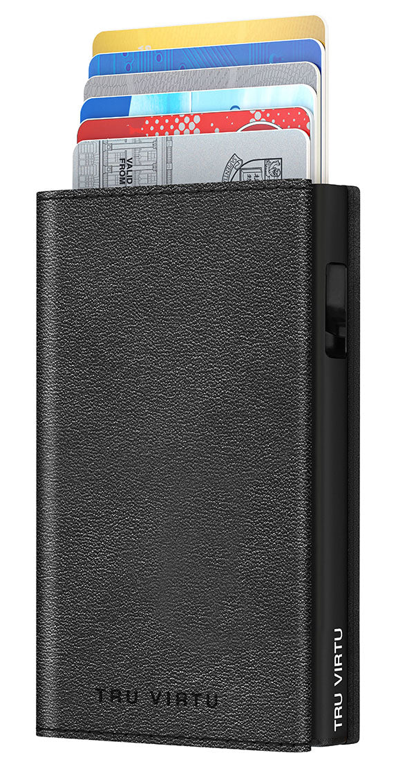 TRU VIRTU Kartenetui – RFID-Schutz, Slider-Verschluss – 67 × 99 × 21 mm – Schwarz – Aluminium, Leder