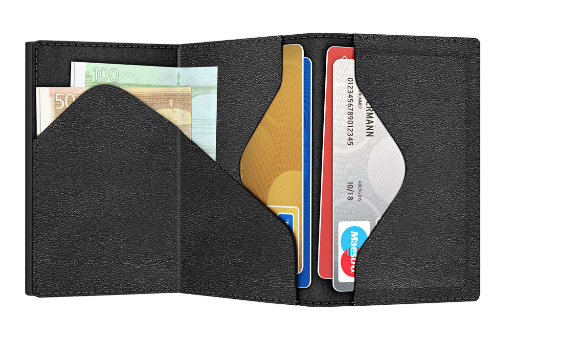 TRU VIRTU Kartenetui – RFID-Schutz, Slider-Verschluss – 67 × 99 × 21 mm – Schwarz – Aluminium, Leder