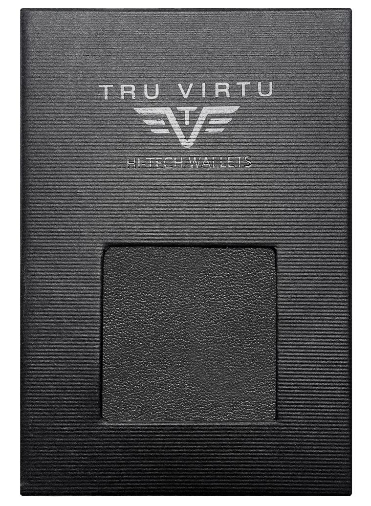 TRU VIRTU Kartenetui – RFID-Schutz, Slider-Verschluss – 67 × 99 × 21 mm – Schwarz – Aluminium, Leder