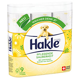 Hakle Pflegende Sauberkeit Toilettenpapier – 4-lagig, Kamille, 135 Blätter/Rolle, 9 Rollen, Weiss