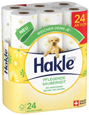 Hakle Pflegende Sauberkeit Toilettenpapier – 4-lagig, Kamille, 135 Blatt/Rolle – 24 Rollen