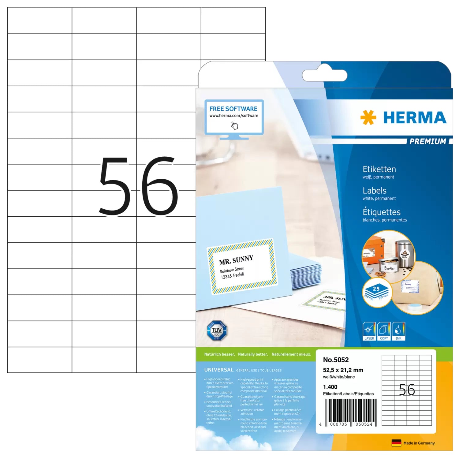 HERMA Druckeretiketten, 53 mm × 21 mm, weiss, Papier, permanent, 25 Blatt