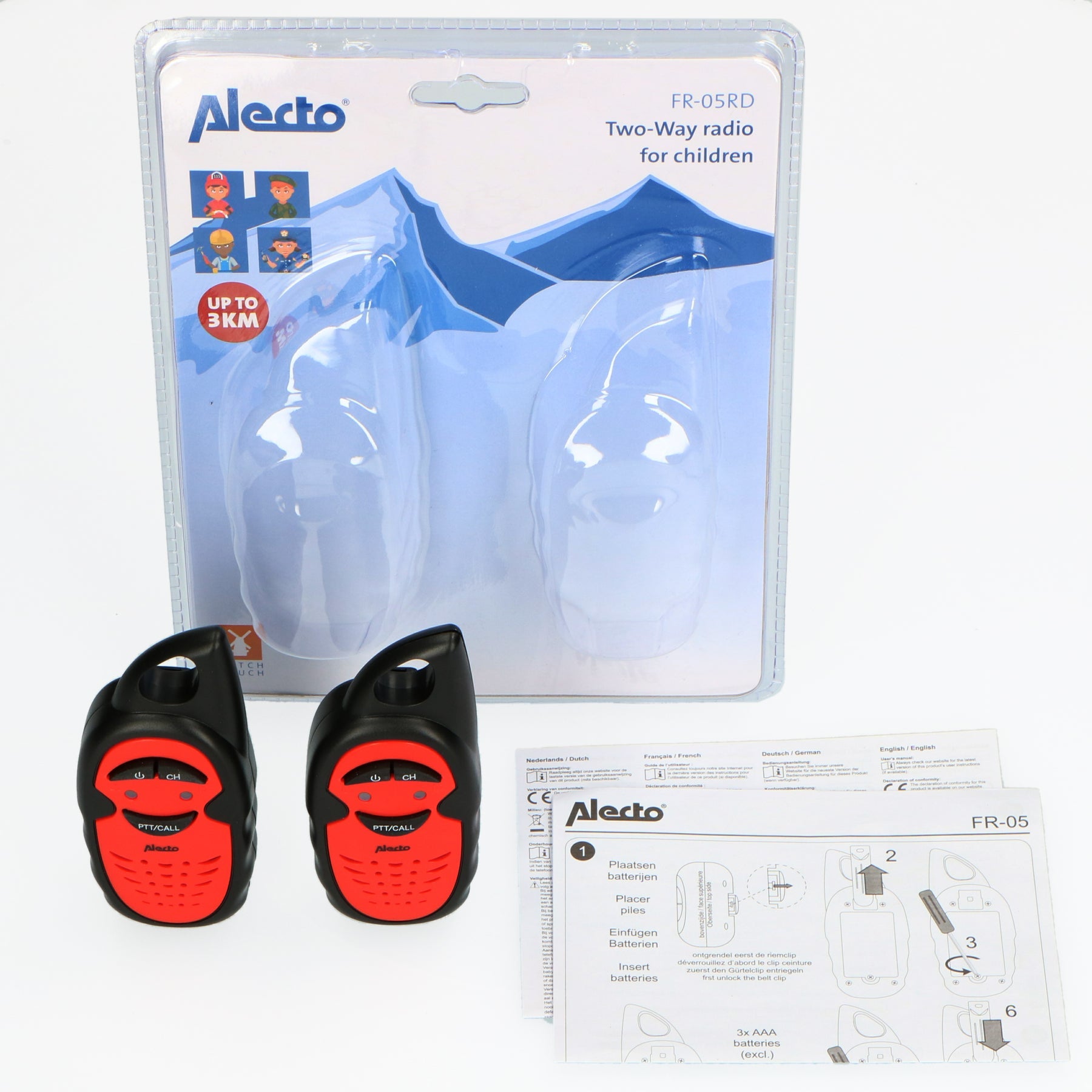 Alecto FR-05RD – Funkgerät (2er-Set), 3 Kanäle, Reichweite bis 3 km, 4 h Akkulaufzeit, Rot/Schwarz
