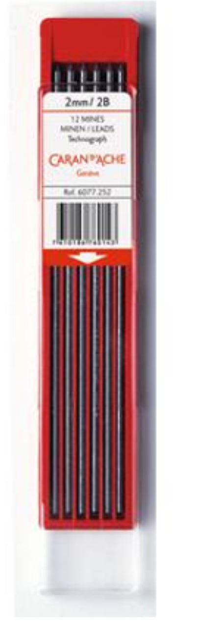 Caran d-Ache Technograph Bleistiftminen für FIXPENCIL 2, 22, 882 + 1 weitere – Graphit, 2 mm, 2B, 12 Stk.