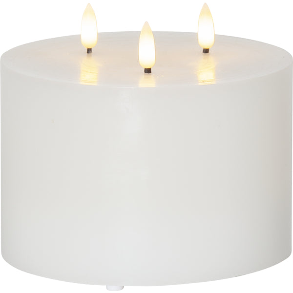 Star Trading LED-Säulenkerze – Ø 15 × 13 cm, 0,18 W, Warmweiss, Weiss, Timer, flackernd, batteriebetrieben, 2×AA