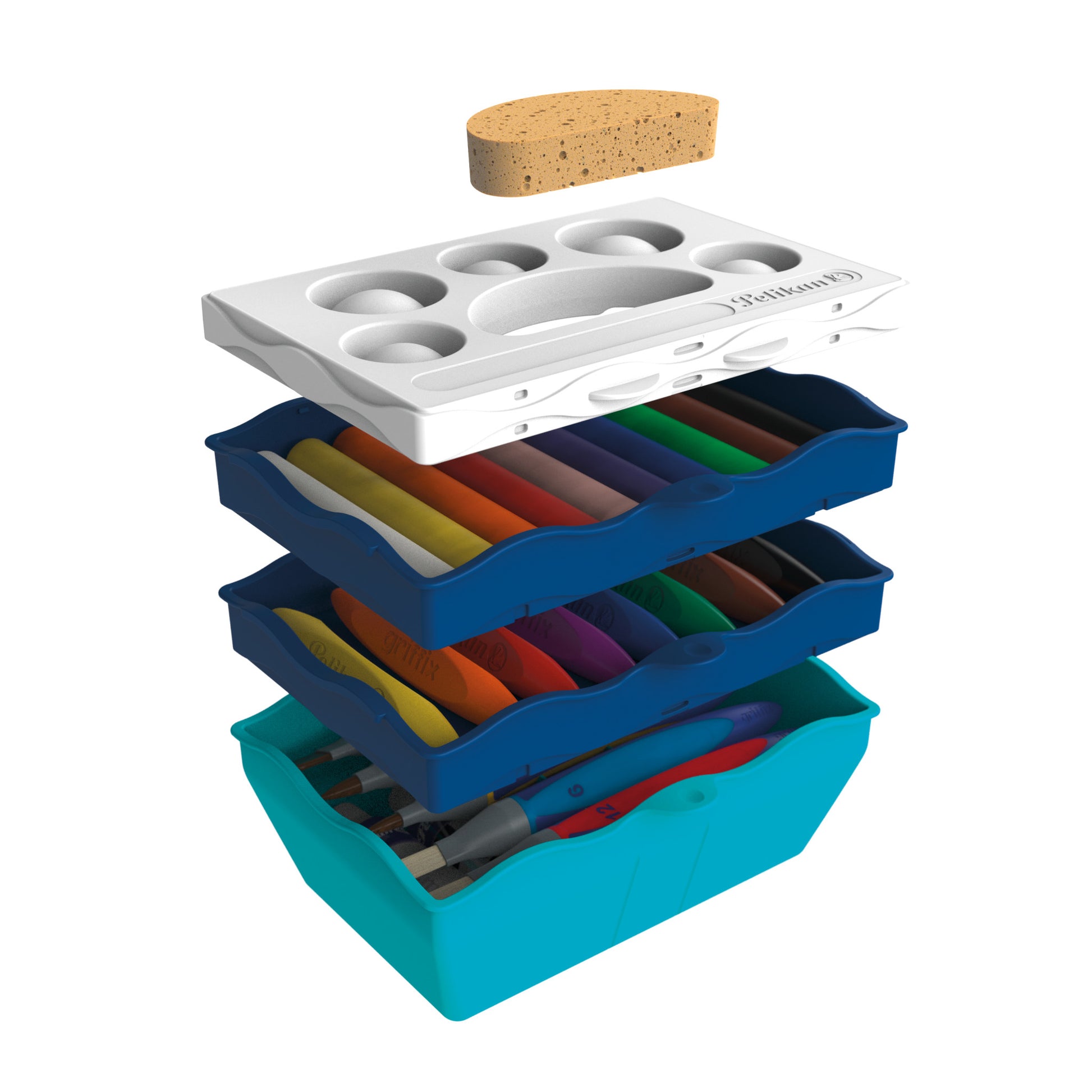 Pelikan Kreativfabrik – Basisset Malzubehör – Wasserbox mit Mischpalette, Schwamm und wasserfestem Stickerbogen