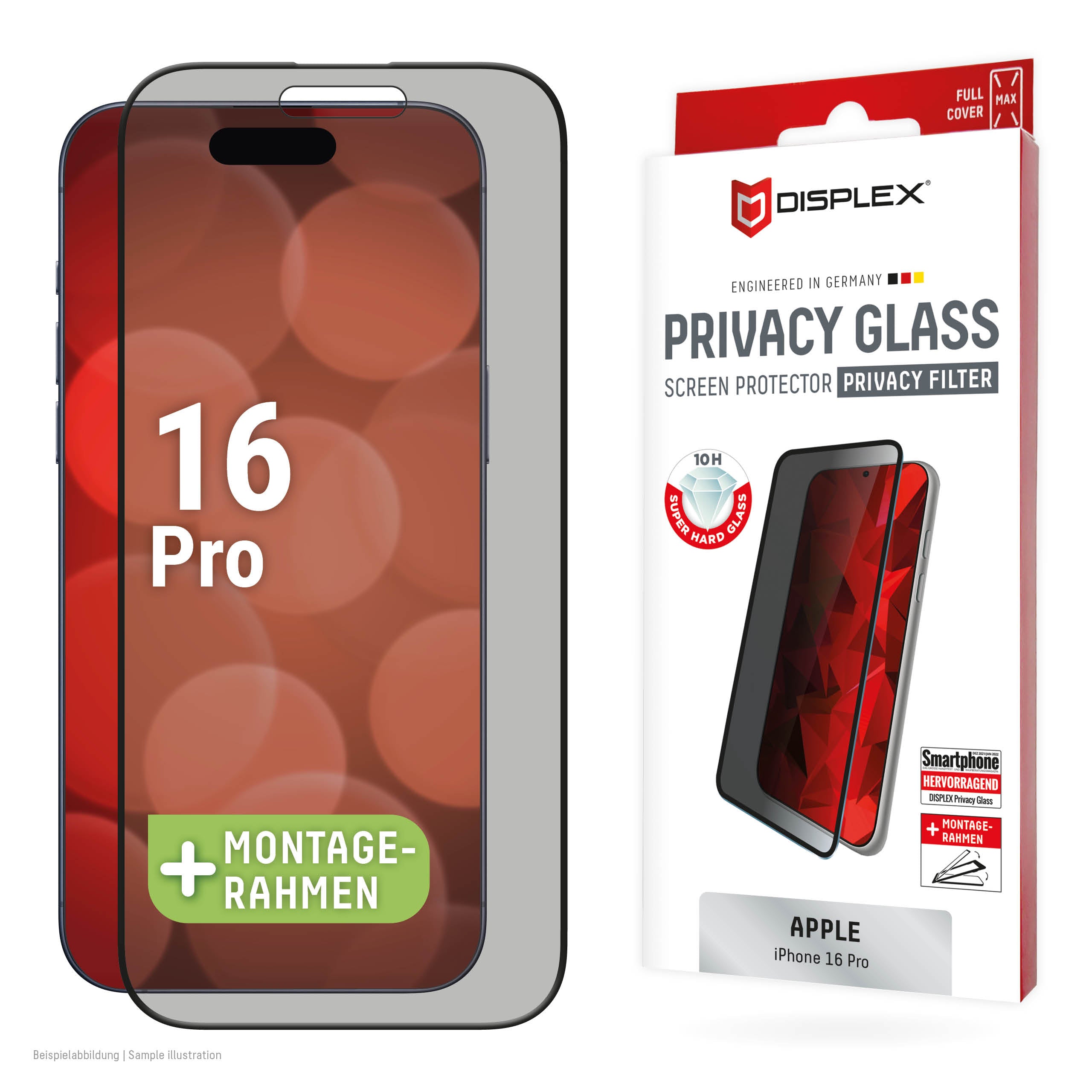 Displex Privacy-Filter (Panzerglas), Full Cover – für iPhone 16 Pro – mit Applikator