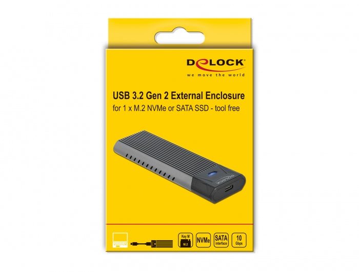 DeLOCK M.2 SSD-Gehäuse – 1-Bay extern – USB 3.2 Gen 2 (10 Gbit/s), USB-C – für M.2 NVMe (PCIe) und M.2 SATA