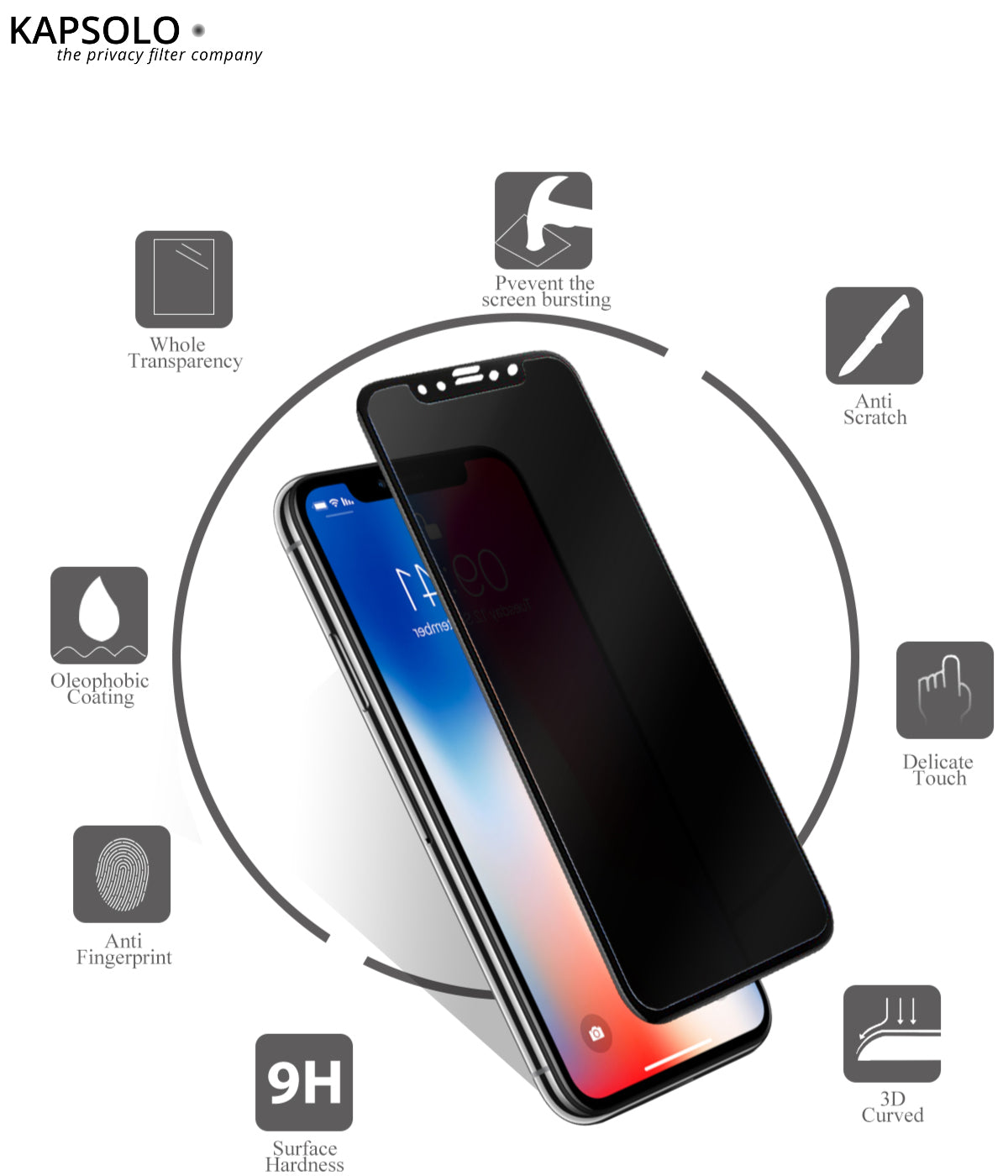 KAPSOLO Privacy-Filter (Panzerglas), 9H – für iPhone 8 Plus
