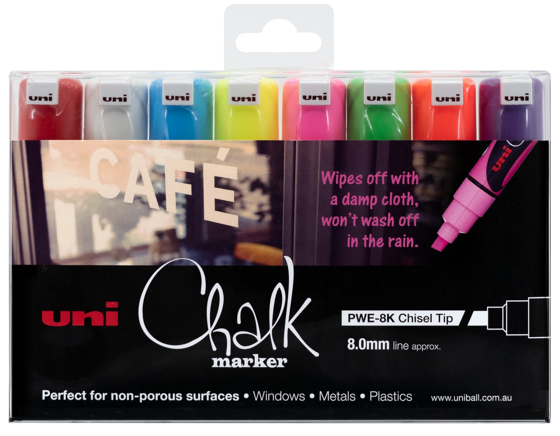 Uni-Ball ChalkGlass PWE-8K Kreidestifte – Keilspitze 8 mm, 8 Farben