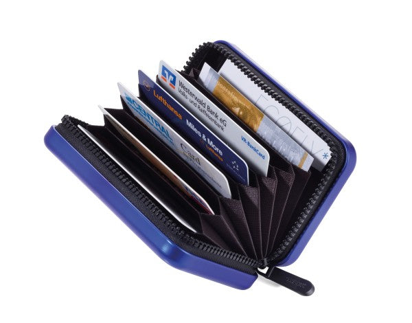 TROIKA Visitenkartenetui – Aluminium/Polyester, Blau, 20 Karten, RFID, 1er-Pack