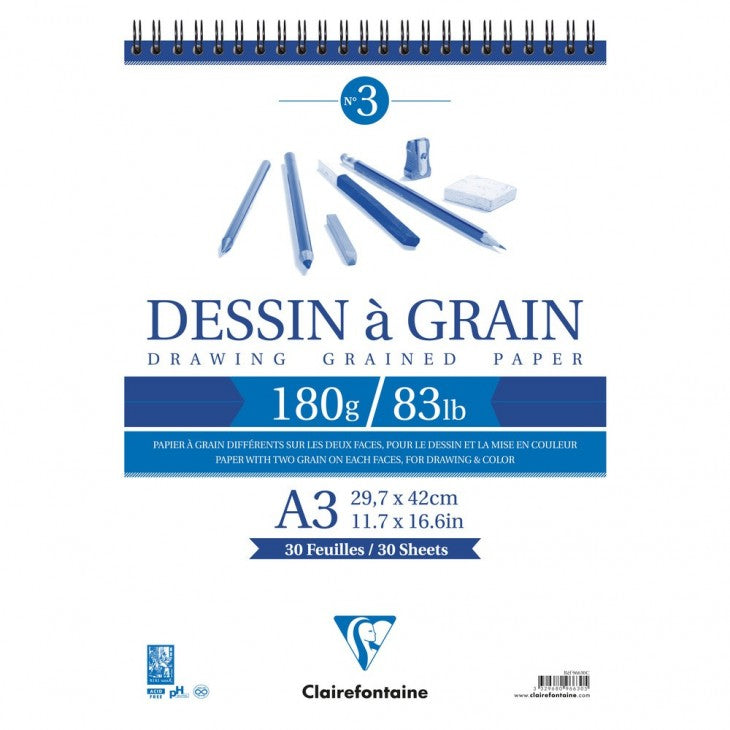 Clairefontaine Skizzenblock – A3 – 180 g/m² – Spiralbindung – 30 Blatt, weiss, gekörnt