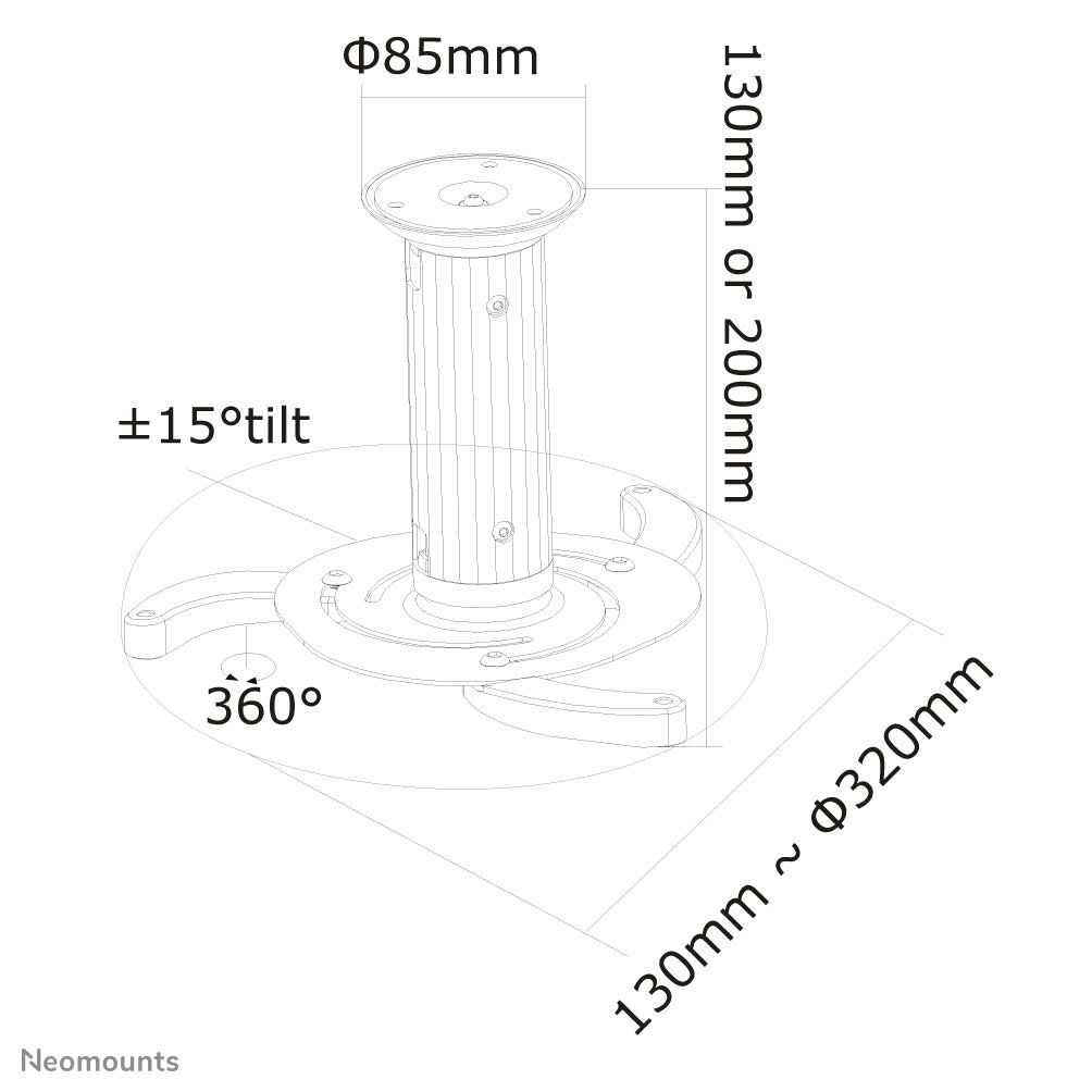 Neomounts Projektor-Deckenhalterung – 8,0–15,0 cm, 15 kg, neigbar, grau, für Beameraufnahme 13,0–32,0 cm