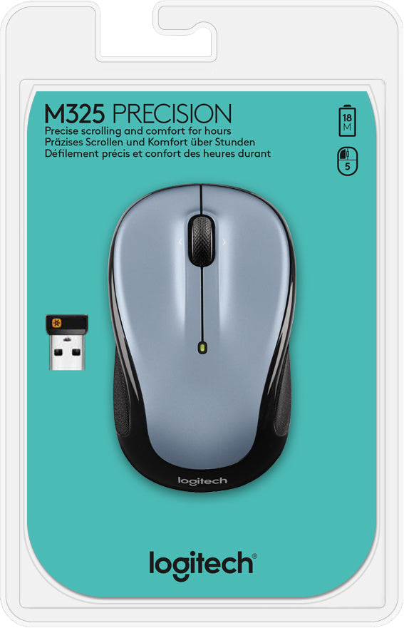 Logitech M325 Maus – kabellos, 2,4 GHz (USB-A), 1000 dpi, 5 Tasten, beidhändig, Silber