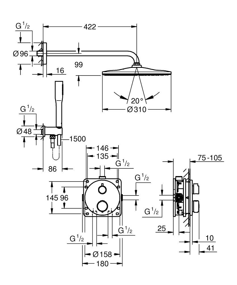 GROHE Unterputz-Badebatterie Precision – 31×57,7×80 cm, Kunststoff, Thermostat, Chrom