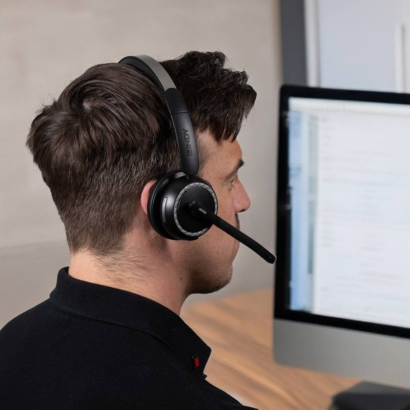 Lindy L118 Office-Headset – On-Ear, Stereo, Kabel + BT, mit USB-C-Dongle, mit Ladestation, Schwarz, BT 5.2