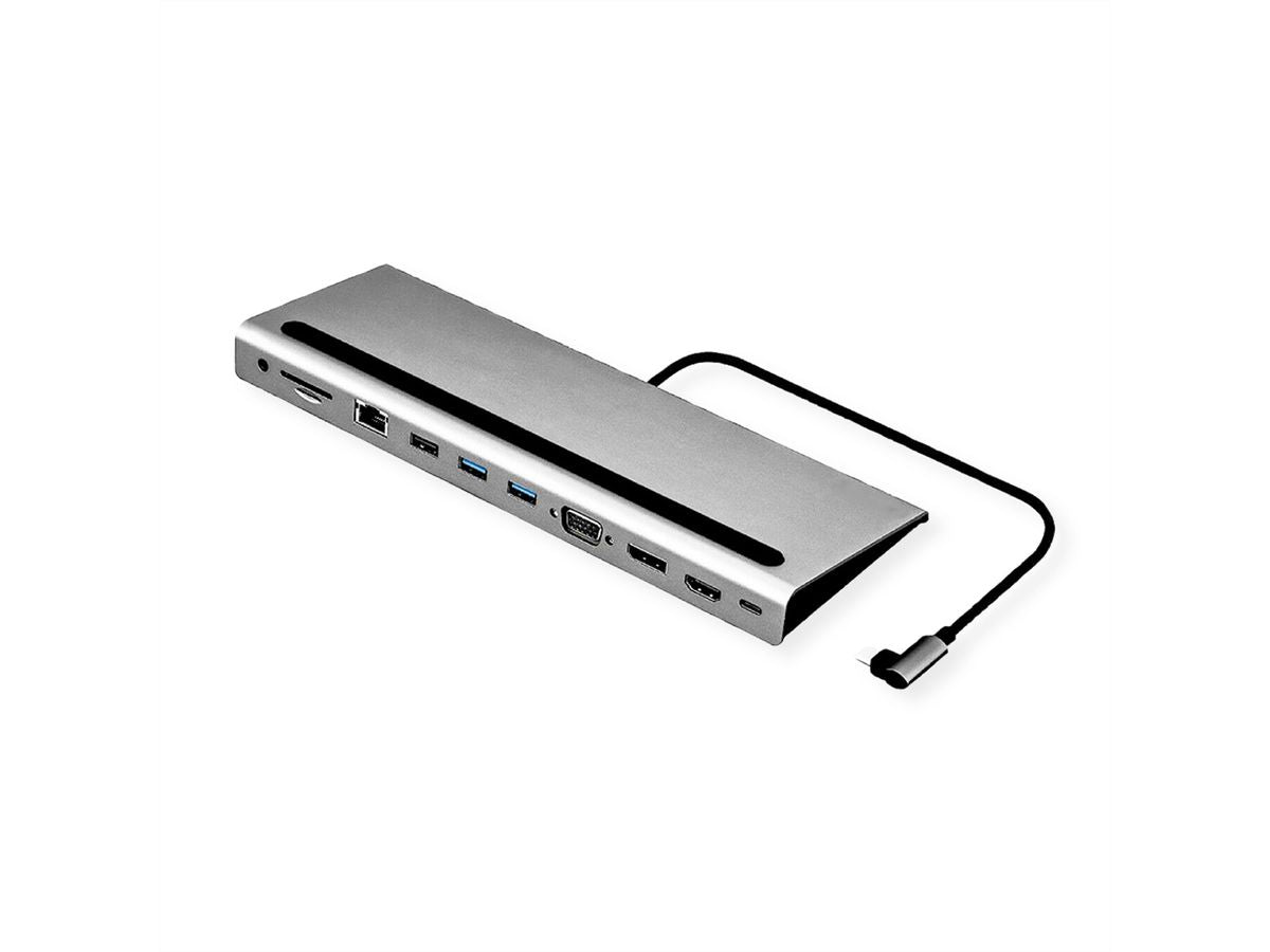VALUE Dockingstation – USB-C, DP/HDMI/VGA, 3× USB-A, GbE, SD/microSD, 3,5 mm Audio, für Windows/Mac