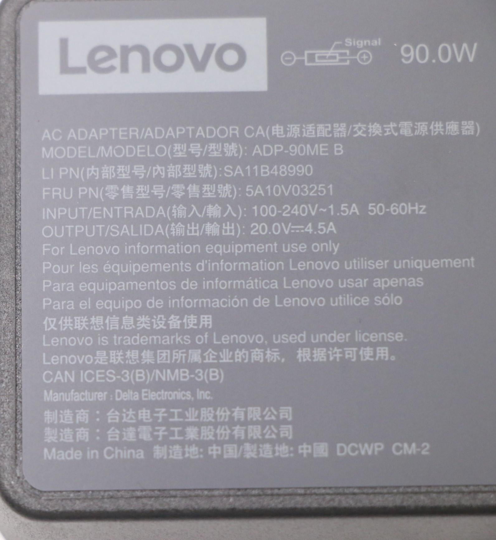 Lenovo 5A10V03251 Netzteil 90 W – 20 V/4,5 A, 100–240 V 50/60 Hz – für Lenovo-Notebooks – schwarz