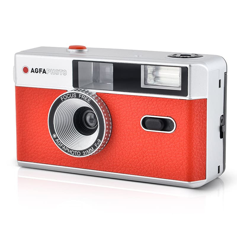 AgfaPhoto Analog Kamera 35 mm – Kompakt-Filmkamera, 32 mm f/9, fokusfrei, eingebauter Blitz, rot