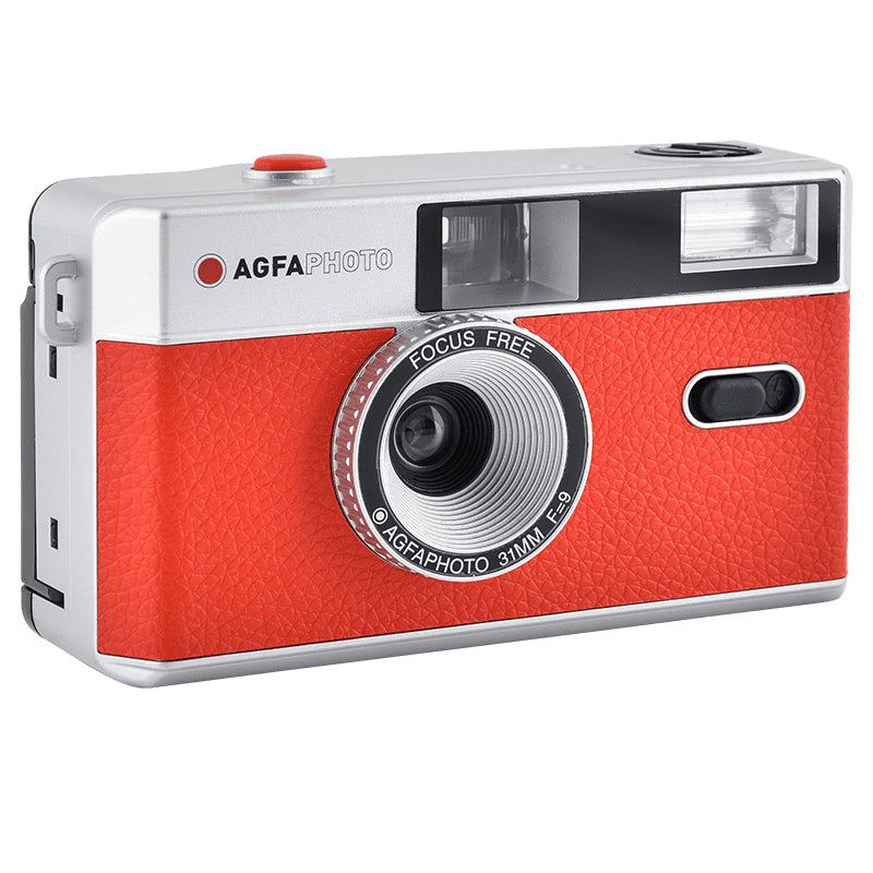 AgfaPhoto Analog Kamera 35 mm – Kompakt-Filmkamera, 32 mm f/9, fokusfrei, eingebauter Blitz, rot