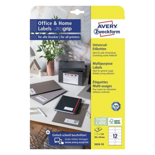 Avery Druckeretiketten, 105 mm × 48 mm, weiss, Papier, permanent, 120 Etiketten (10 Blatt)