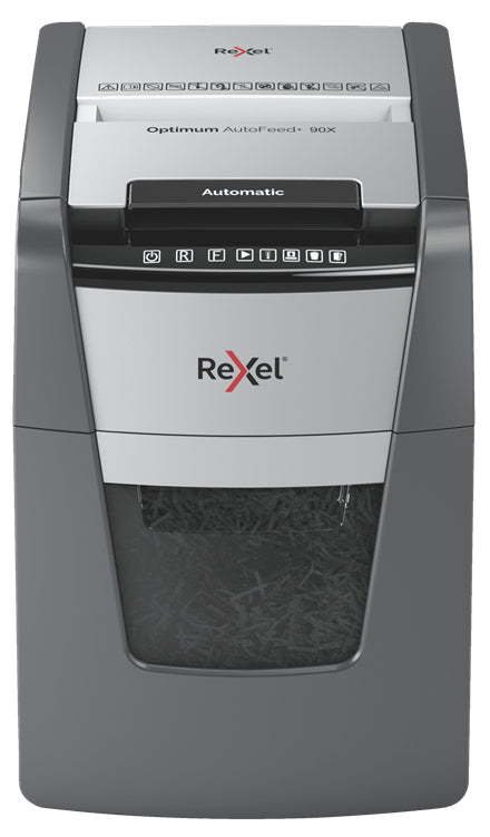 Rexel Optimum AutoFeed+ 90X – Aktenvernichter mit Autofeed 90 Blatt, DIN P-4, Partikelschnitt 4 × 28 mm, 34 l