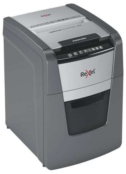 Rexel Optimum AutoFeed+ 90X – Aktenvernichter mit Autofeed 90 Blatt, DIN P-4, Partikelschnitt 4 × 28 mm, 34 l