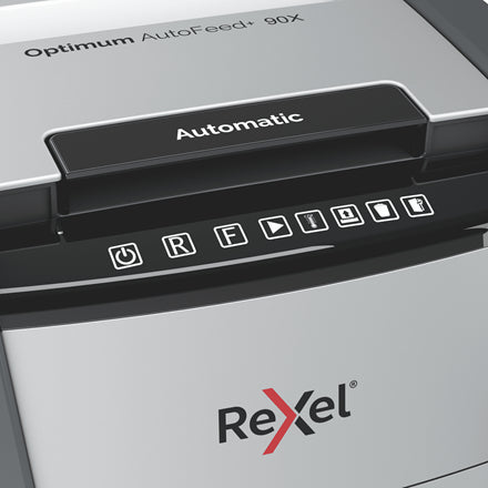 Rexel Optimum AutoFeed+ 90X – Aktenvernichter mit Autofeed 90 Blatt, DIN P-4, Partikelschnitt 4 × 28 mm, 34 l