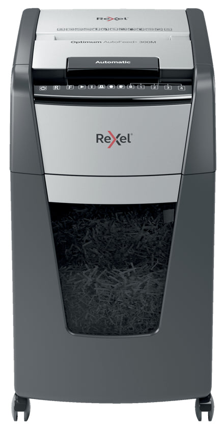 Rexel Optimum AutoFeed+ 300M – Aktenvernichter mit Autofeed 300 Blatt, DIN P-5, Mikroschnitt 2 × 15 mm, 60 l