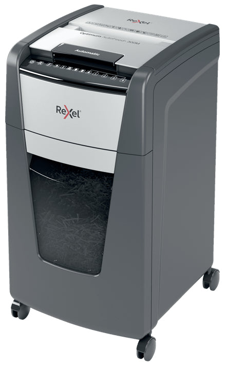 Rexel Optimum AutoFeed+ 300M – Aktenvernichter mit Autofeed 300 Blatt, DIN P-5, Mikroschnitt 2 × 15 mm, 60 l