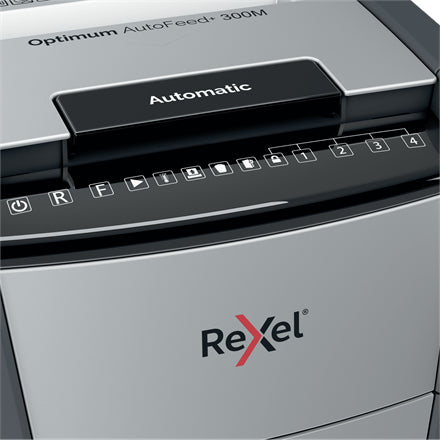 Rexel Optimum AutoFeed+ 300M – Aktenvernichter mit Autofeed 300 Blatt, DIN P-5, Mikroschnitt 2 × 15 mm, 60 l