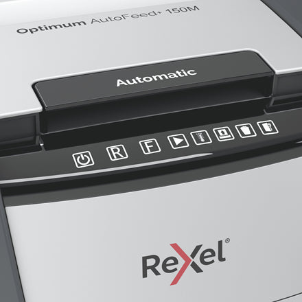 Rexel Optimum AutoFeed+ 150M – Aktenvernichter mit Autofeed 150 Blatt, DIN P-5, Mikroschnitt 2 × 15 mm, 44 l