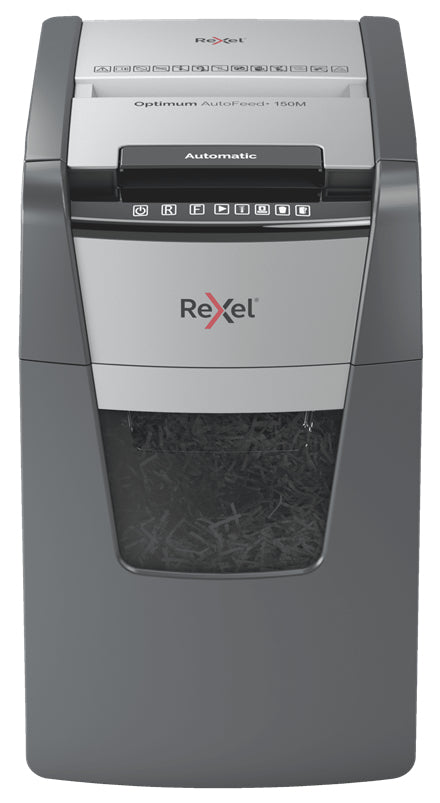 Rexel Optimum AutoFeed+ 150M – Aktenvernichter mit Autofeed 150 Blatt, DIN P-5, Mikroschnitt 2 × 15 mm, 44 l