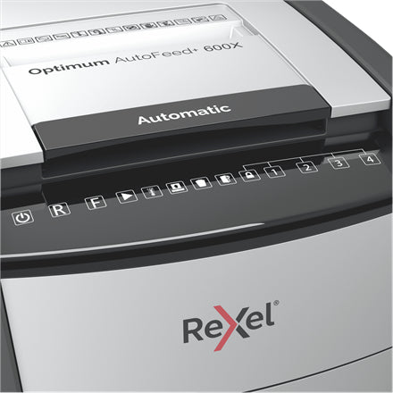 Rexel Optimum AutoFeed+ 600X – Aktenvernichter mit Autofeed 600 Blatt, DIN P-4, Partikelschnitt 4 × 36 mm, 15