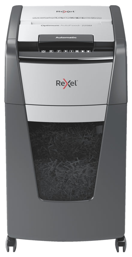 Rexel Optimum AutoFeed+ 225M – Aktenvernichter mit Autofeed 225 Blatt, DIN P-5, Mikroschnitt 2 × 15 mm, 60 l