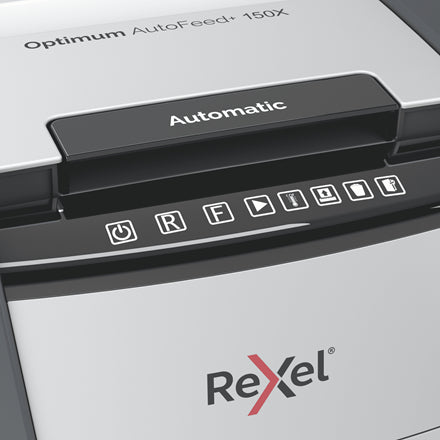 Rexel Optimum AutoFeed+ 150X – Aktenvernichter mit Autofeed 150 Blatt, DIN P-4, Partikelschnitt 4 × 28 mm, 44