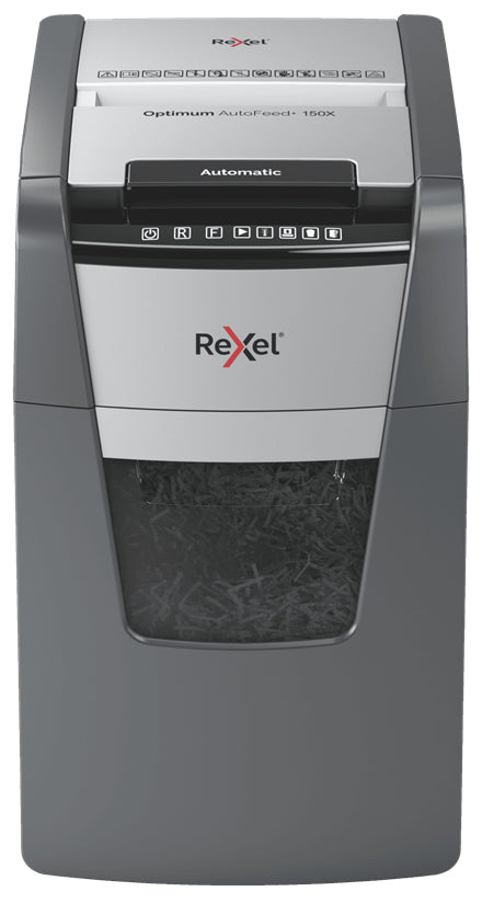 Rexel Optimum AutoFeed+ 150X – Aktenvernichter mit Autofeed 150 Blatt, DIN P-4, Partikelschnitt 4 × 28 mm, 44