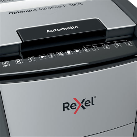 Rexel Optimum AutoFeed+ – Aktenvernichter mit Autofeed 300 Blatt, DIN P-4, Partikelschnitt 4 × 25 mm, 60 l
