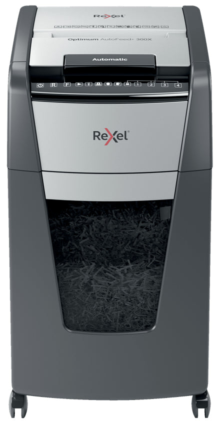 Rexel Optimum AutoFeed+ – Aktenvernichter mit Autofeed 300 Blatt, DIN P-4, Partikelschnitt 4 × 25 mm, 60 l