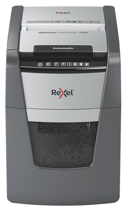 Rexel Optimum AutoFeed+ 100M – Aktenvernichter mit Autofeed 100 Blatt, DIN P-5, Partikelschnitt 2 × 15 mm, 34
