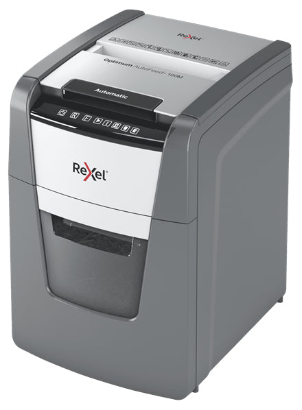 Rexel Optimum AutoFeed+ 100M – Aktenvernichter mit Autofeed 100 Blatt, DIN P-5, Partikelschnitt 2 × 15 mm, 34