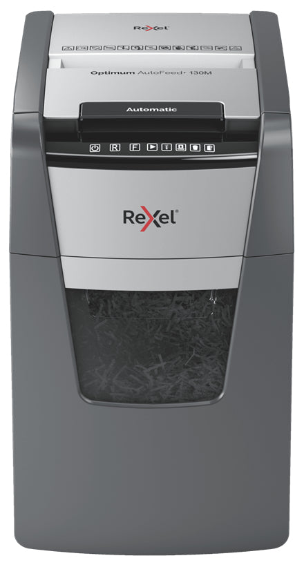 Rexel Optimum AutoFeed+ 130M – Aktenvernichter mit Autofeed 130 Blatt, DIN P-5, Mikroschnitt 2 × 15 mm, 44 l